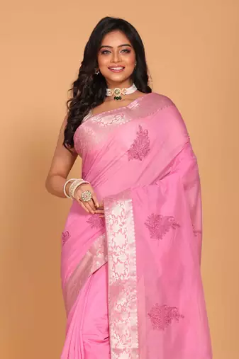 Cotton chendari embroidery saree (pink)