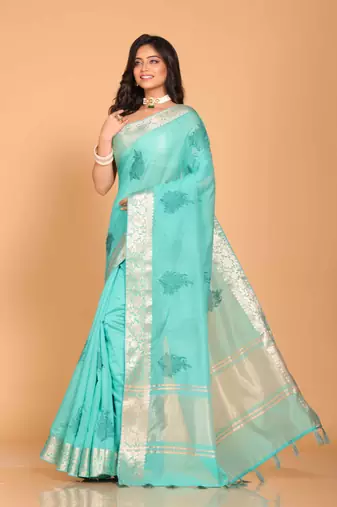 Cotton chendari embroidery saree (light green)