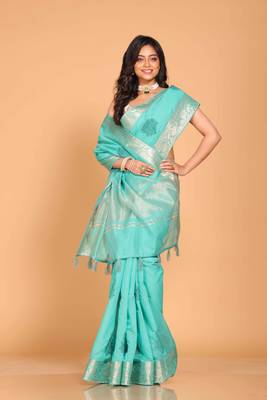 Cotton chendari embroidery saree (light green) 4