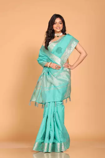 Cotton chendari embroidery saree (light green)