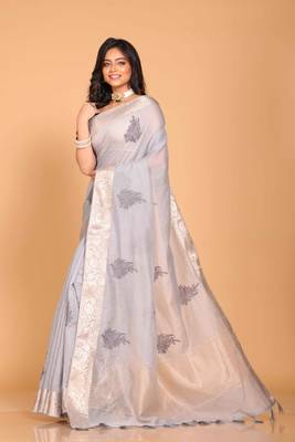 Cotton chendari embroidery saree (grey) 3