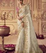 Off White Viscose Resham Embroidery Party Wear Designer Saree