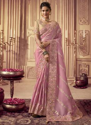 Pink Viscose Resham Embroidery Party Wear Designer Saree 1