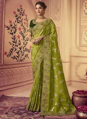 Lime Viscose Resham Embroidery Party Wear Designer Saree 1