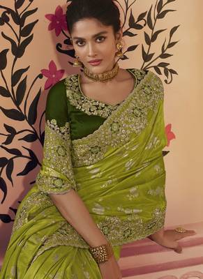 Lime Viscose Resham Embroidery Party Wear Designer Saree 2