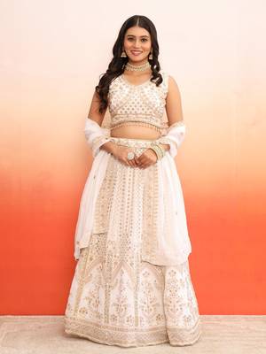 Elegant White and Gold Embroidered Georgette Lehenga Choli Set for Women (set of 3) 1