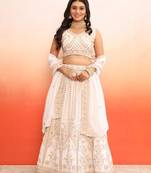 Elegant White and Gold Embroidered Georgette Lehenga Choli Set for Women (set of 3)