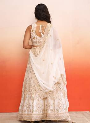 Elegant White and Gold Embroidered Georgette Lehenga Choli Set for Women (set of 3) 2