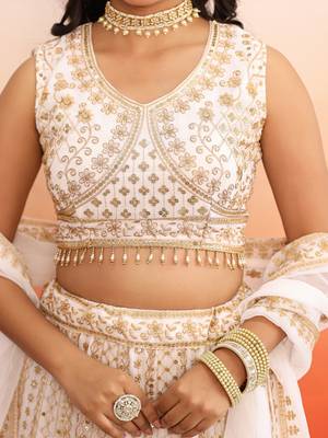 Elegant White and Gold Embroidered Georgette Lehenga Choli Set for Women (set of 3) 3