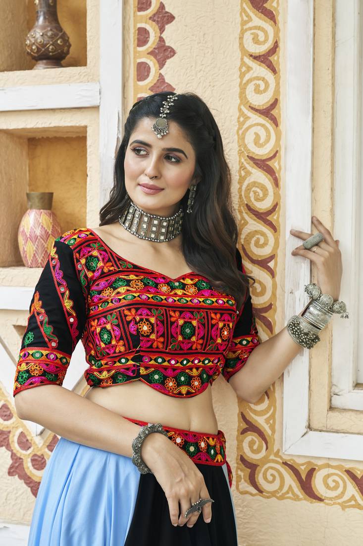 SKY BLUE THREAD EMBROIDERED WITH MIRROR WORK VISCOSE RAYON TRADITIONAL NAVRATRI GARBA FESTIVAL STITCHED LEHENGA CHOLI