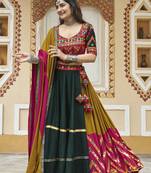 MUSTARD THREAD EMBROIDERED WITH MIRROR WORK VISCOSE RAYON TRADITIONAL NAVRATRI GARBA FESTIVAL STITCHED LEHENGA CHOLI