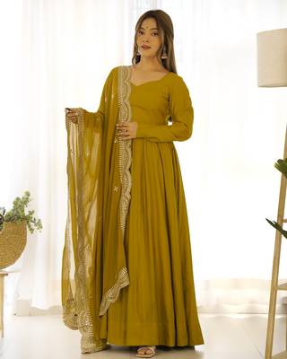 Roman Silk Chanderi Fabric Fully Flair Gown With Dupatta And Pent 1