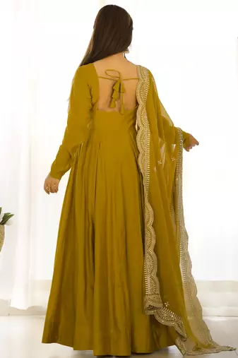 Roman Silk Chanderi Fabric Fully Flair Gown With Dupatta And Pent