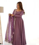 Roman Silk Chanderi Fabric Fully Flair Gown With Dupatta And Pent