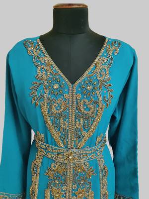 Cyan color Full Sleeves Handmade Moroccan Kaftan 2