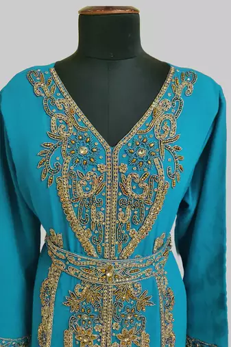Cyan color Full Sleeves Handmade Moroccan Kaftan