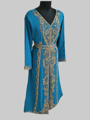 Cyan color Full Sleeves Handmade Moroccan Kaftan 3