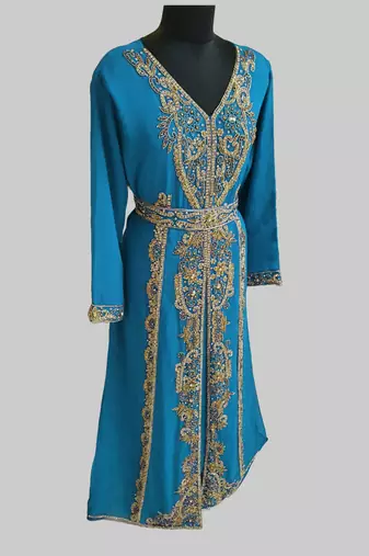 Cyan color Full Sleeves Handmade Moroccan Kaftan