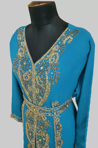 Cyan color Full Sleeves Handmade Moroccan Kaftan