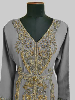 Grey color Full Sleeves Handmade Moroccan Kaftan 2