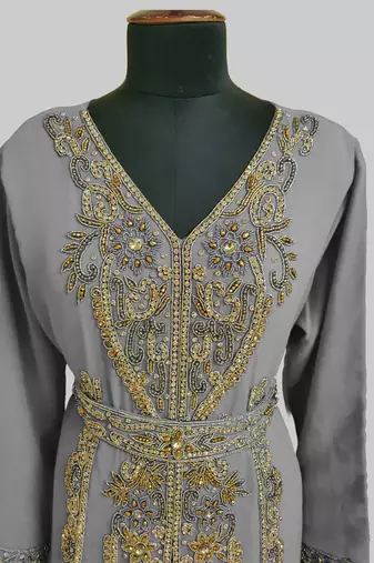 Grey color Full Sleeves Handmade Moroccan Kaftan