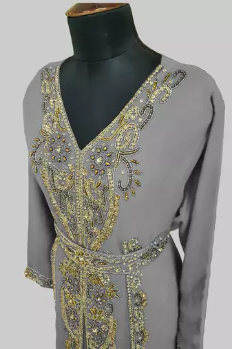 Grey color Full Sleeves Handmade Moroccan Kaftan