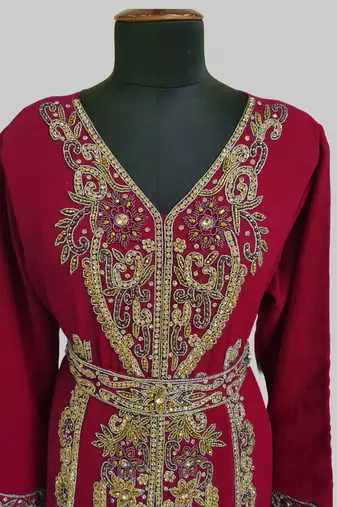 Maroon color Full Sleeves Handmade Moroccan Kaftan