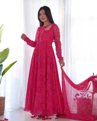 Lightweight Chiffon Bandhej Print Fully Flair Gown With Dupatta And Pent 1