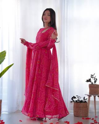 Lightweight Chiffon Bandhej Print Fully Flair Gown With Dupatta And Pent 3