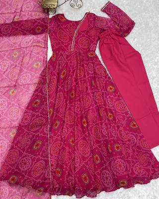 Lightweight Chiffon Bandhej Print Fully Flair Gown With Dupatta And Pent 5