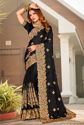 Black Zari Resham Embroidered Border Satin Party Wear Saree With Blouse Piece 1