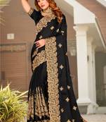Black Zari Resham Embroidered Border Satin Party Wear Saree With Blouse Piece