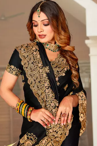 Black Zari Resham Embroidered Border Satin Party Wear Saree With Blouse Piece