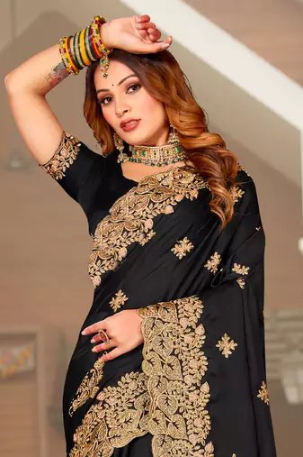 Black Zari Resham Embroidered Border Satin Party Wear Saree With Blouse Piece