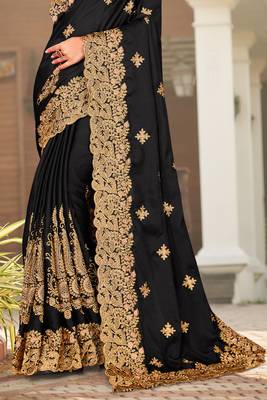 Black Zari Resham Embroidered Border Satin Party Wear Saree With Blouse Piece 4