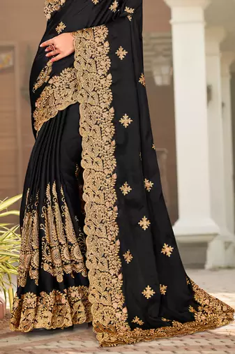 Black Zari Resham Embroidered Border Satin Party Wear Saree With Blouse Piece
