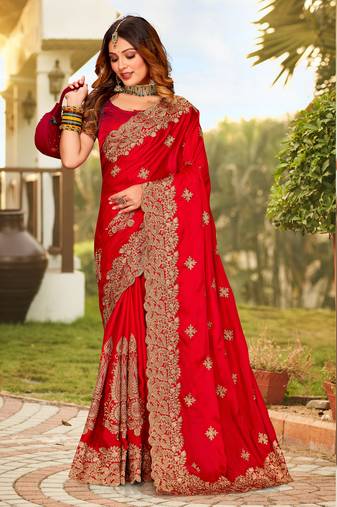 Red Zari Resham Embroidered Border Satin Party Wear Saree Sari With Blouse Piece