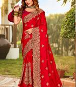 Red Zari Resham Embroidered Border Satin Party Wear Saree Sari With Blouse Piece
