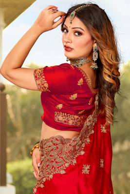 Red Zari Resham Embroidered Border Satin Party Wear Saree Sari With Blouse Piece 2