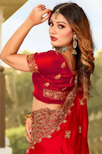 Red Zari Resham Embroidered Border Satin Party Wear Saree Sari With Blouse Piece