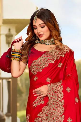 Red Zari Resham Embroidered Border Satin Party Wear Saree Sari With Blouse Piece