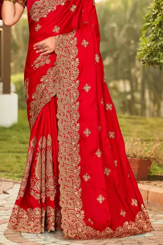 Red Zari Resham Embroidered Border Satin Party Wear Saree Sari With Blouse Piece