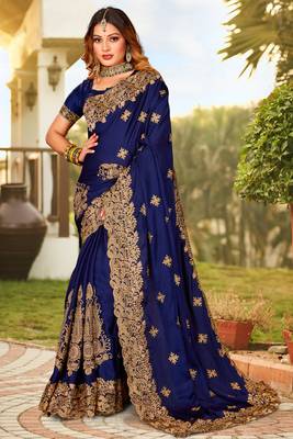 Navy Blue Zari Resham Embroidered Border Satin Party Wear Saree With Blouse Piece 1