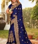 Navy Blue Zari Resham Embroidered Border Satin Party Wear Saree With Blouse Piece
