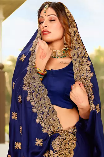 Navy Blue Zari Resham Embroidered Border Satin Party Wear Saree With Blouse Piece