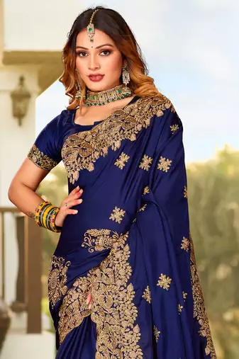 Navy Blue Zari Resham Embroidered Border Satin Party Wear Saree With Blouse Piece