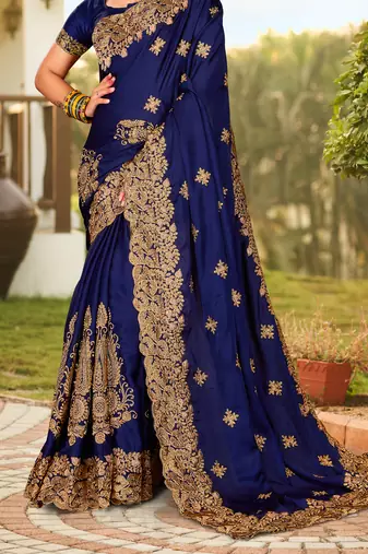 Navy Blue Zari Resham Embroidered Border Satin Party Wear Saree With Blouse Piece