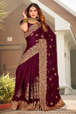Wine Zari Resham Embroidered Border Satin Party Wear Saree With Blouse Piece 1