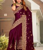 Wine Zari Resham Embroidered Border Satin Party Wear Saree With Blouse Piece