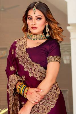 Wine Zari Resham Embroidered Border Satin Party Wear Saree With Blouse Piece 2